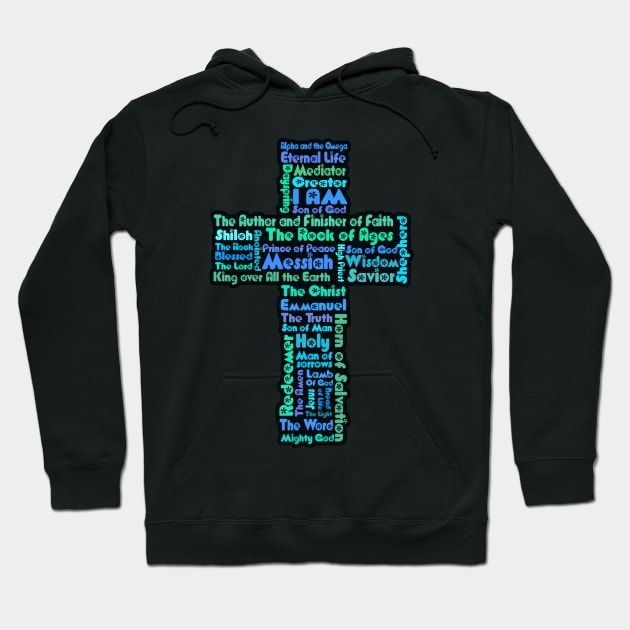 Funky Blue and Green Retro Style Names of Jesus Cross Hoodie by AlondraHanley